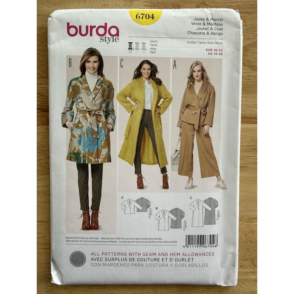 Burda 6704 Easy Pattern w Seam & Hem Allowances Jacket & Coat Size‎ 10-26 UC FF